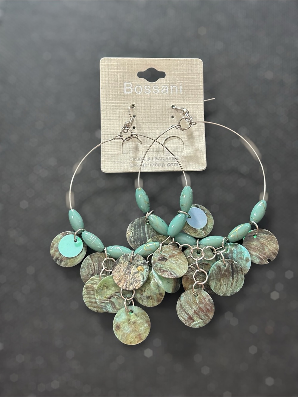 Bossani hoop boho dangling earrings turquoise color beads with round shell disks